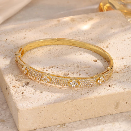 Luxury CZ Four-Leaf Flower Open Bracelet